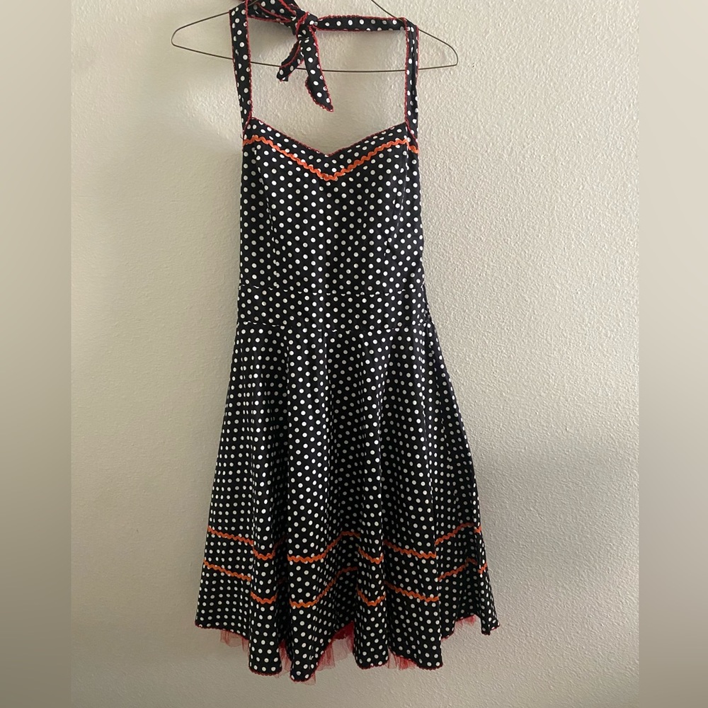 Friday on my Mind Rockabilly Halter Dress Polka Dot with Red Mesh and Trim Sz8